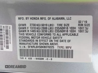 2019 Honda Odyssey EX with VIN 5FNRL6H58KB078225, listed as a IAAI auction lot 41890243 with 82,311 mi miles. Bid and sale history available at carsss.com. Image 9.