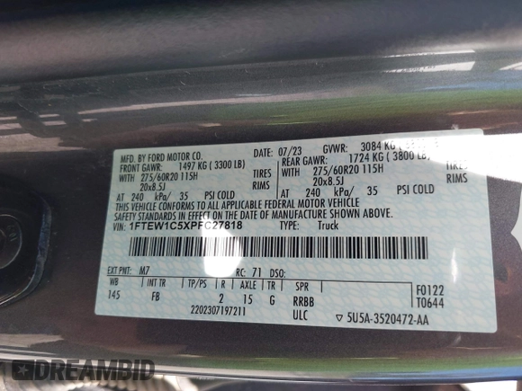 2023 Ford F-150 XL with VIN 1FTEW1C5XPFC27818, listed as a IAAI auction lot 42725090 with 46,685 mi miles and . Bid and sale history available at DreamBid. Image 9.