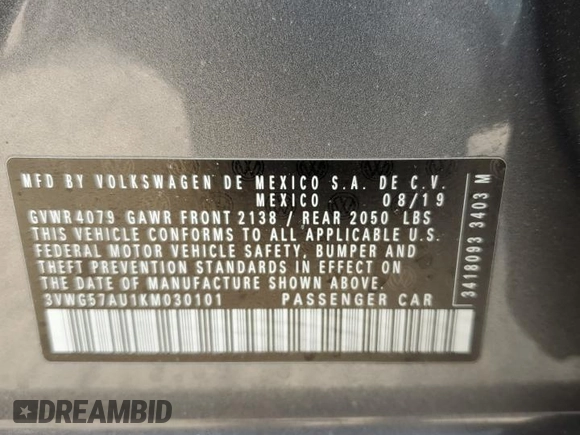 2019 Volkswagen Golf S z VIN 3VWG57AU1KM030101, wystawiony jako Copart lot #50599885 z przebiegiem Nie podano mil oraz Nie do naprawy • Non repairable. Historia ofert i sprzedaży dostępna na DreamBid. Obrazek 15.