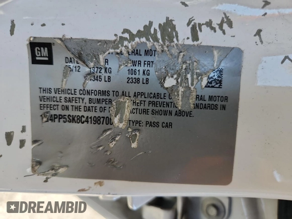 2012 Buick Verano with VIN 1G4PP5SK8C4198700, listed as a Copart auction lot 61338625 with 126,663 mi miles and Salvage title. Bid and sale history available at DreamBid. Image 12.