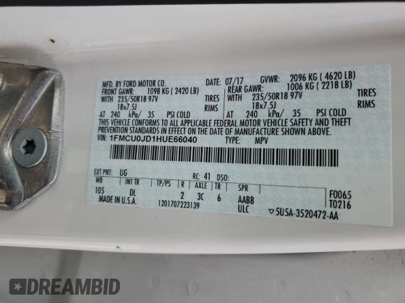 2017 Ford Escape Titanium with VIN 1FMCU0JD1HUE66040, listed as a Copart auction lot 43942665 with 55,484 mi miles and Salvage Title. Bid and sale history available at DreamBid. Image 16.