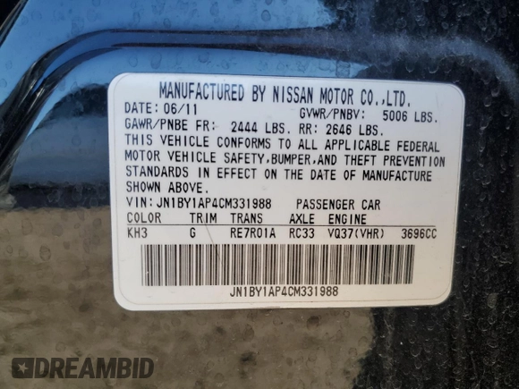 2012 Infiniti M37 with VIN JN1BY1AP4CM331988, listed as a Copart auction lot 80298104 with 165,704 mi miles and Salvage Title. Bid and sale history available at carsss.com. Image 12.
