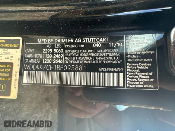 2011 Mercedes-Benz E-Class E 550 with VIN WDDKK7CF1BF095881, listed as a Copart auction lot 87047174 with 120,678 mi miles and Clean Title. Bid and sale history available at carsss.com. Image 10.