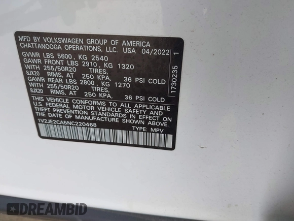 2022 Volkswagen Atlas SE with VIN 1V2JE2CA5NC220468, listed as a IAAI auction lot 40873030 with 78,867 mi miles and . Bid and sale history available at DreamBid. Image 9.