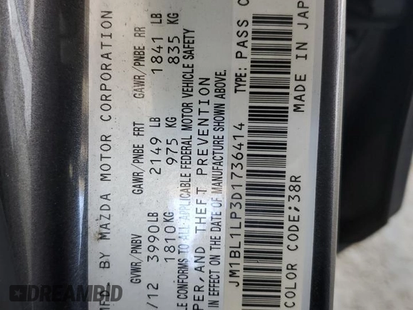2013 Mazda 3 i Touring with VIN JM1BL1LP3D1736414, listed as a Copart auction lot 53911705 with 159,570 mi miles and Salvage Title. Bid and sale history available at carsss.com. Image 12.