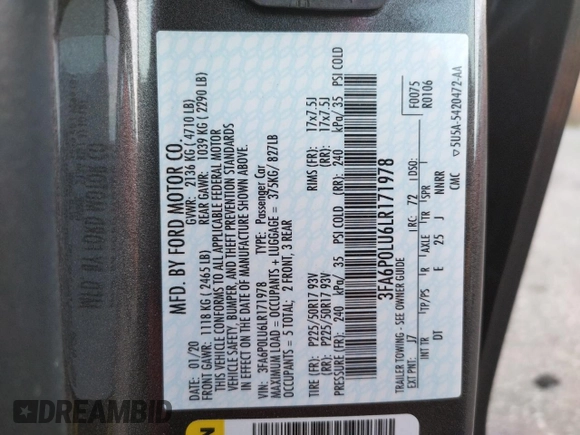 2020 Ford Fusion Hybrid SE with VIN 3FA6P0LU6LR171978, listed as a Copart auction lot 70970742 with 44,851 mi miles. Bid and sale history available at carsss.com. Image 13.
