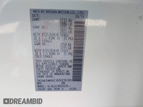 2014 Nissan Pathfinder SL с VIN 5N1AR2MNXEC692930, выставлен на аукционе IAAI как лот 42558833 с пробегом 170 337 миль миль и . История ставок и продаж доступна на DreamBid. Изображение 9.
