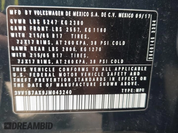 2018 Volkswagen Tiguan S z VIN 3VV1B7AX9JM043240, wystawiony jako Copart lot #72519764 z przebiegiem 129 138 mil mil oraz Szkoda całkowita • Salvage title. Historia ofert i sprzedaży dostępna na DreamBid. Obrazek 13.