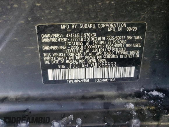 2021 Subaru Crosstrek Premium with VIN JF2GTAECXMH268593, listed as a Copart auction lot 44158605 with 50,665 mi miles and Salvage title. Bid and sale history available at DreamBid. Image 14.