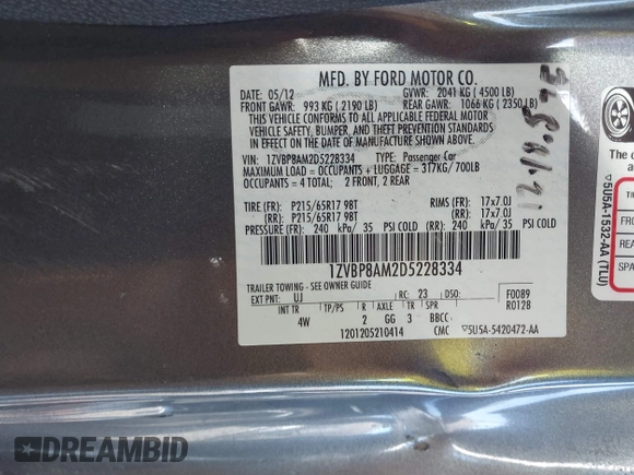 2013 Ford Mustang V6 with VIN 1ZVBP8AM2D5228334, listed as a IAAI auction lot 42164895 with Not provided miles and . Bid and sale history available at DreamBid. Image 9.