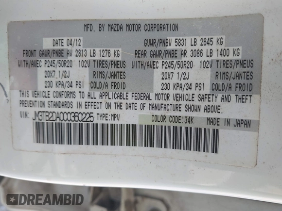 2012 Mazda CX-9 Grand Touring with VIN JM3TB2DA0C0360225, listed as a IAAI auction lot 42181667 with 195,306 mi miles and . Bid and sale history available at DreamBid. Image 9.
