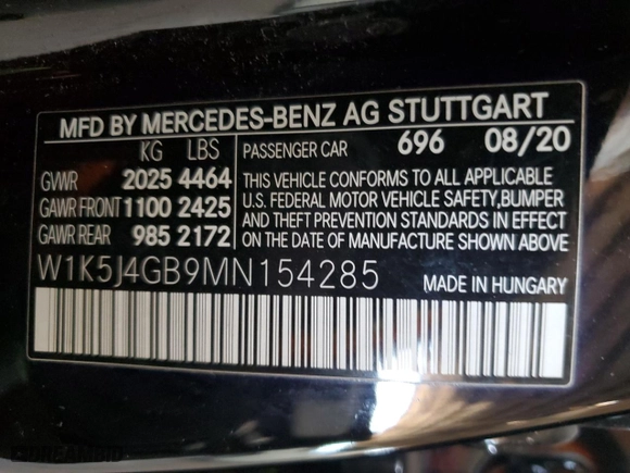2021 Mercedes-Benz CLA with VIN W1K5J4GB9MN154285, listed as a Copart auction lot 42615415 with 46,752 mi miles and Salvage Title. Bid and sale history available at carsss.com. Image 12.
