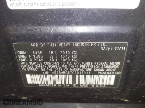 2012 Subaru Legacy Premium with VIN 4S3BMBG67C3015911, listed as a IAAI auction lot 42030528 with 206,145 mi miles and . Bid and sale history available at carsss.com. Image 9.