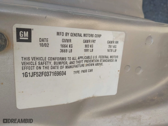 2003 Chevrolet Cavalier LS with VIN 1G1JF52F037169604, listed as a IAAI auction lot 41894771 with 1 mi miles. Bid and sale history available at carsss.com. Image 9.