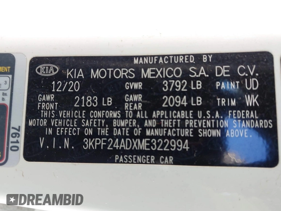2021 Kia Forte LXS with VIN 3KPF24ADXME322994, listed as a IAAI auction lot 41737723 with 115,226 mi miles. Bid and sale history available at carsss.com. Image 9.