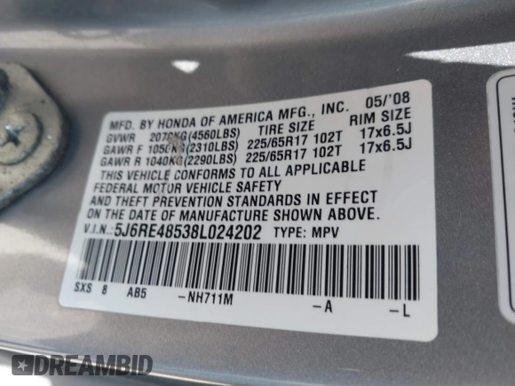 2008 Honda CR-V EX with VIN 5J6RE48538L024202, listed as a IAAI auction lot 41895576 with 222,983 mi miles. Bid and sale history available at carsss.com. Image 9.