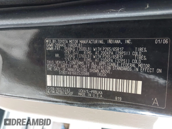 2006 Toyota Tundra Limited with VIN 5TBDT48166S520988, listed as a IAAI auction lot 41507567 with 131,417 mi miles and . Bid and sale history available at DreamBid. Image 9.