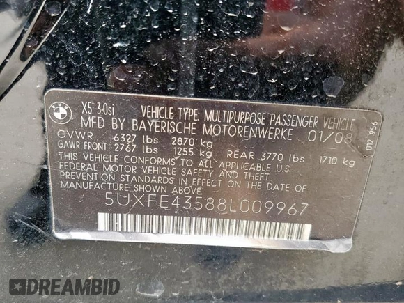 2008 BMW X5 3.0si z VIN 5UXFE43588L009967, wystawiony jako Copart lot #57900245 z przebiegiem 137 882 mil mil oraz Czysty tytuł • Clean title. Historia ofert i sprzedaży dostępna na DreamBid. Obrazek 14.