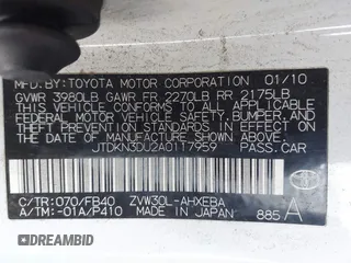 2010 Toyota Prius II with VIN JTDKN3DU2A0117959, listed as a IAAI auction lot 40957379 with 399,277 mi miles and . Bid and sale history available at carsss.com. Image 9.