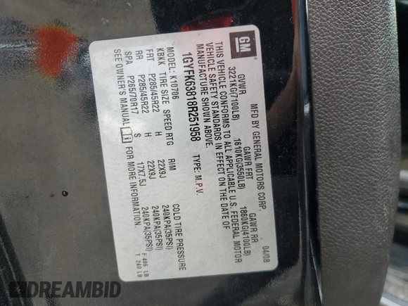 2008 Cadillac Escalade z VIN 1GYFK63818R251958, wystawiony jako Copart lot #60858735 z przebiegiem 253 726 mil mil oraz Czysty tytuł • Clean title. Historia ofert i sprzedaży dostępna na DreamBid. Obrazek 13.