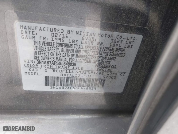 2016 Nissan Sentra SR with VIN 3N1AB7AP5GL648839, listed as a IAAI auction lot 41913304 with 122,771 mi miles. Bid and sale history available at carsss.com. Image 9.