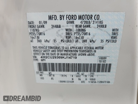 2009 Mercury Mariner Hybrid with VIN 4M2CU29369KJ14719, listed as a Copart auction lot 62511705 with 144,062 mi miles and Salvage title. Bid and sale history available at DreamBid. Image 13.