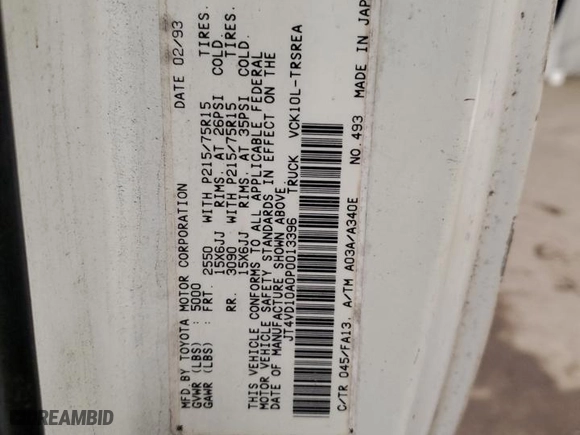 1993 Toyota T100 DX with VIN JT4VD10A0P0013396, listed as a Copart auction lot 43002405 with 137,000 mi miles and Salvage Title. Bid and sale history available at carsss.com. Image 14.