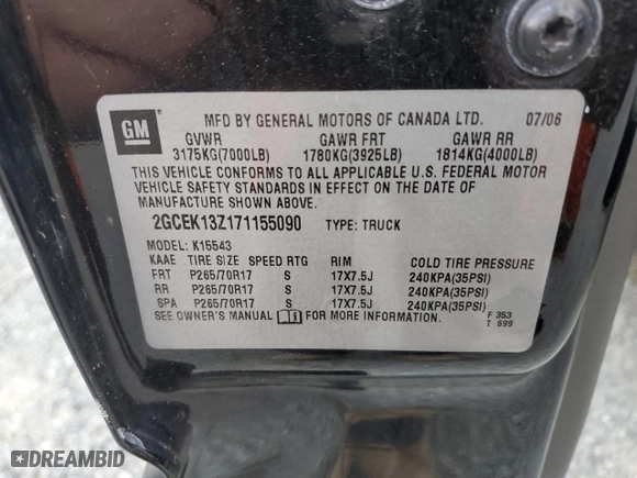 2007 Chevrolet Silverado 1500 Classic LT1 with VIN 2GCEK13Z171155090, listed as a Copart auction lot 85634284 with 159,535 mi miles and Salvage Title. Bid and sale history available at carsss.com. Image 12.
