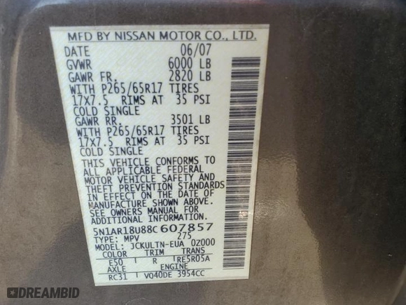 2008 Nissan Pathfinder S with VIN 5N1AR18U88C607857, listed as a Copart auction lot 52946775 with 151,306 mi miles and Salvage Title. Bid and sale history available at carsss.com. Image 13.