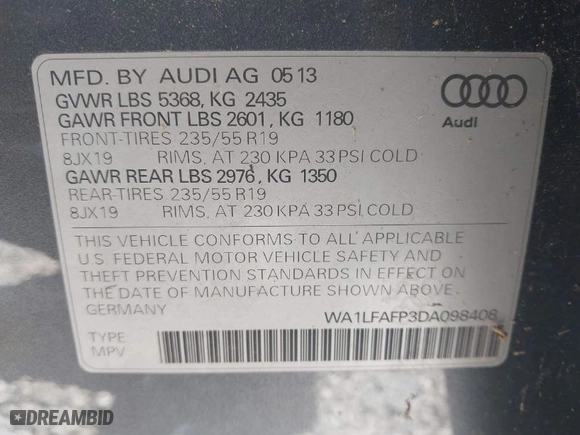 2013 Audi Q5 Premium Plus with VIN WA1LFAFP3DA098408, listed as a IAAI auction lot 41890537 with 103,657 mi miles. Bid and sale history available at carsss.com. Image 9.