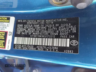 2019 Toyota Camry LE z VIN 4T1B11HKXKU173212, wystawiony jako IAAI lot #41848847 z przebiegiem 138 372 mil mil oraz . Historia ofert i sprzedaży dostępna na DreamBid. Obrazek 9.