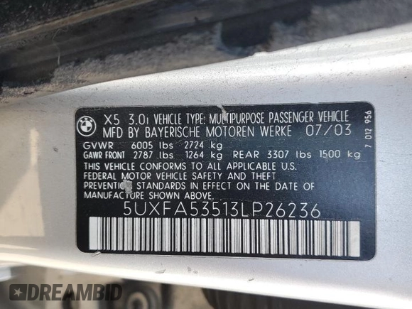 2003 BMW X5 3.0i with VIN 5UXFA53513LP26236, listed as a Copart auction lot 78698694 with 227,272 mi miles and Salvage Title. Bid and sale history available at carsss.com. Image 15.