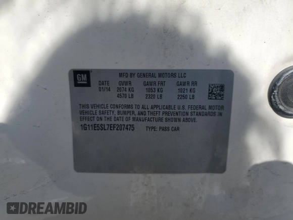2014 Chevrolet Malibu LT with VIN 1G11E5SL7EF207475, listed as a Copart auction lot 53911205 with 117,186 mi miles and Salvage Title. Bid and sale history available at DreamBid. Image 12.