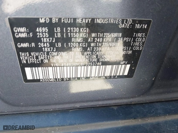 2015 Subaru Outback 2.5i Limited with VIN 4S4BSBNC8F3253748, listed as a IAAI auction lot 41687617 with 72,307 mi miles. Bid and sale history available at carsss.com. Image 9.