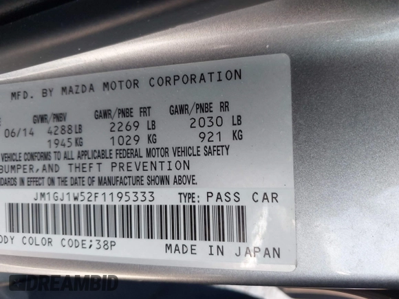 2015 Mazda 6 i Grand Touring with VIN JM1GJ1W52F1195333, listed as a IAAI auction lot 42014865 with 107,039 mi miles and . Bid and sale history available at DreamBid. Image 9.