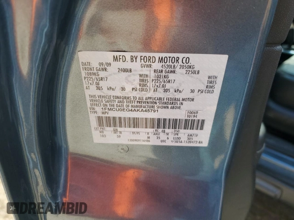 2010 Ford Escape Limited z VIN 1FMCU0EG4AKA45791, wystawiony jako Copart lot #67594483 z przebiegiem 189 470 mil mil oraz Szkoda całkowita • Salvage title. Historia ofert i sprzedaży dostępna na DreamBid. Obrazek 12.