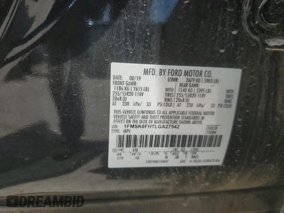 2020 Ford Explorer Limited с VIN 1FMSK8FH7LGA27542, выставлен на аукционе Copart как лот 61968335 с пробегом 74 924 миль миль и Списание • Salvage title. История ставок и продаж доступна на DreamBid. Изображение 12.