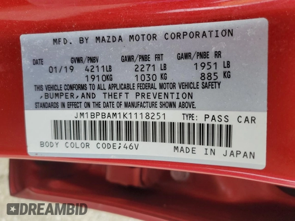 2019 Mazda 3 Select with VIN JM1BPBAM1K1118251, listed as a Copart auction lot 55162195 with 58,937 mi miles and Salvage title. Bid and sale history available at DreamBid. Image 12.
