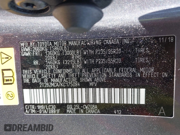 2019 Lexus RX with VIN 2T2BZMCA7KC175084, listed as a IAAI auction lot 41762417 with 40,092 mi miles. Bid and sale history available at carsss.com. Image 9.