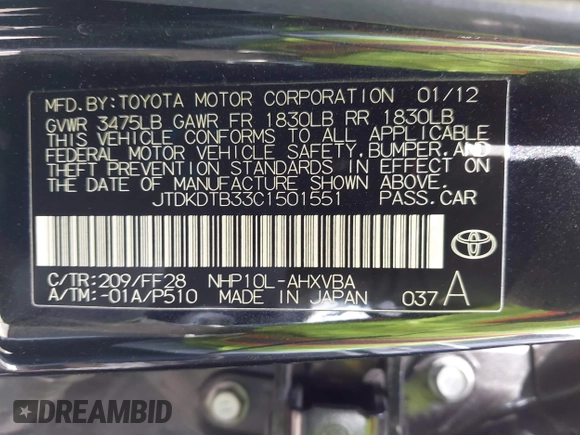2012 Toyota Prius One z VIN JTDKDTB33C1501551, wystawiony jako IAAI lot #41912355 z przebiegiem 122 211 mil mil oraz . Historia ofert i sprzedaży dostępna na DreamBid. Obrazek 9.