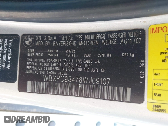 2008 BMW X3 3.0si with VIN WBXPC93478WJ09107, listed as a IAAI auction lot 42825318 with 155,387 mi miles and . Bid and sale history available at DreamBid. Image 9.