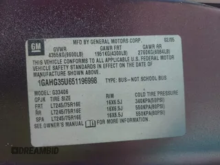 2005 Chevrolet Express Passenger z VIN 1GAHG35U651196998, wystawiony jako IAAI lot #42306716 z przebiegiem 206 975 mil mil oraz . Historia ofert i sprzedaży dostępna na DreamBid. Obrazek 9.