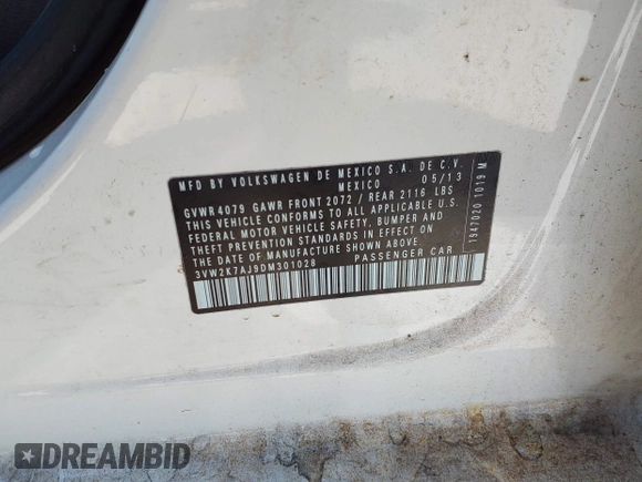 2013 Volkswagen Jetta S with VIN 3VW2K7AJ9DM301028, listed as a IAAI auction lot 41839078 with 156,649 mi miles and . Bid and sale history available at DreamBid. Image 9.