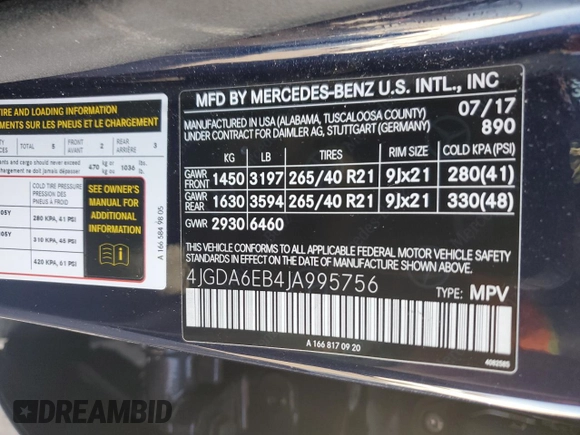 2018 Mercedes-Benz GLE 43 AMG with VIN 4JGDA6EB4JA995756, listed as a Copart auction lot 78645314 with 69,830 mi miles and Salvage Title. Bid and sale history available at DreamBid. Image 14.