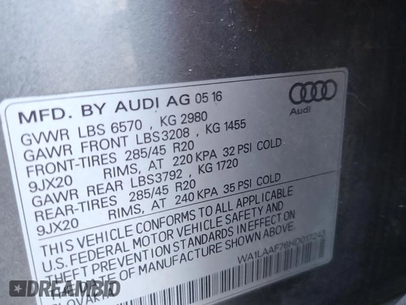 2017 Audi Q7 Premium Plus with VIN WA1LAAF76HD017243, listed as a Copart auction lot 61845915 with 140,865 mi miles and Clean title. Bid and sale history available at DreamBid. Image 13.