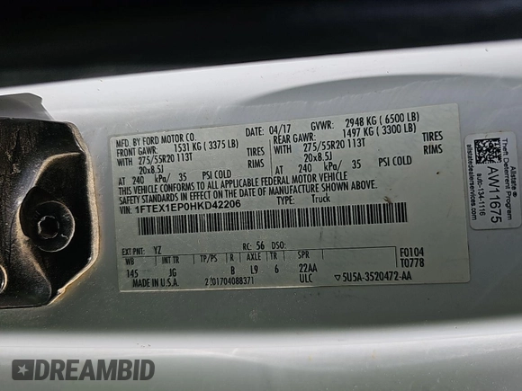 2017 Ford F-150 XL with VIN 1FTEX1EP0HKD42206, listed as a IAAI auction lot 42793663 with 188,845 mi miles and . Bid and sale history available at DreamBid. Image 14.
