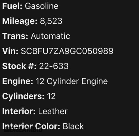 2016 Bentley Continental GT с VIN SCBFU7ZA9GC050XXX, выставлен на аукционе Copart как лот 59259805 с пробегом 8 523 миль миль и Чистый • Clean title. История ставок и продаж доступна на DreamBid. Изображение 10.