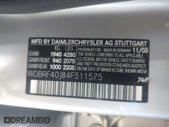 2004 Mercedes-Benz C 230 Kompressor with VIN WDBRF40J84F511575, listed as a IAAI auction lot 42133799 with 120,633 mi miles and . Bid and sale history available at DreamBid. Image 9.