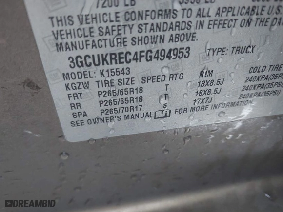 2015 Chevrolet Silverado 1500 LT with VIN 3GCUKREC4FG494953, listed as a IAAI auction lot 41557262 with NaN miles. Bid and sale history available at carsss.com. Image 9.
