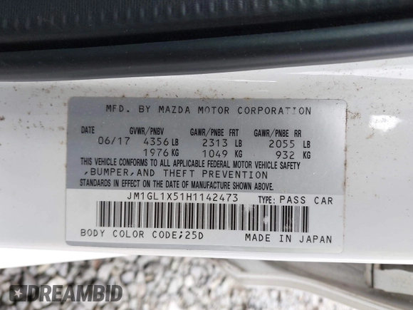 2017 Mazda 6 Grand Touring with VIN JM1GL1X51H1142473, listed as a IAAI auction lot 42234809 with 101,633 mi miles and . Bid and sale history available at DreamBid. Image 9.